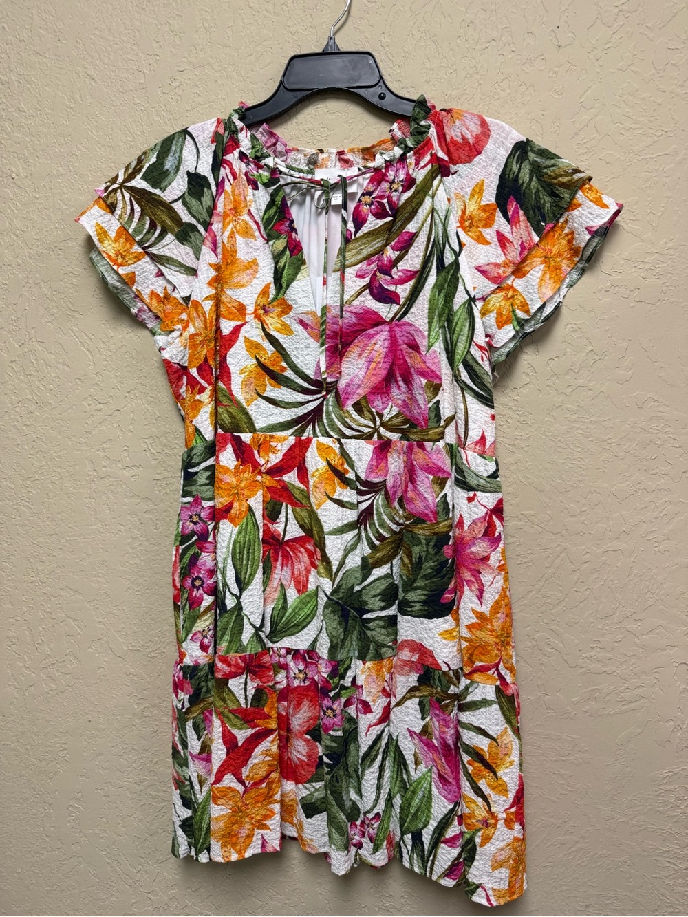 Lavender Brown Tropical Floral Mini Dress - Pink, Green & Orange